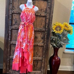 Pink/coral lined multi layered size 4 flowing back tie halter dress never worn!